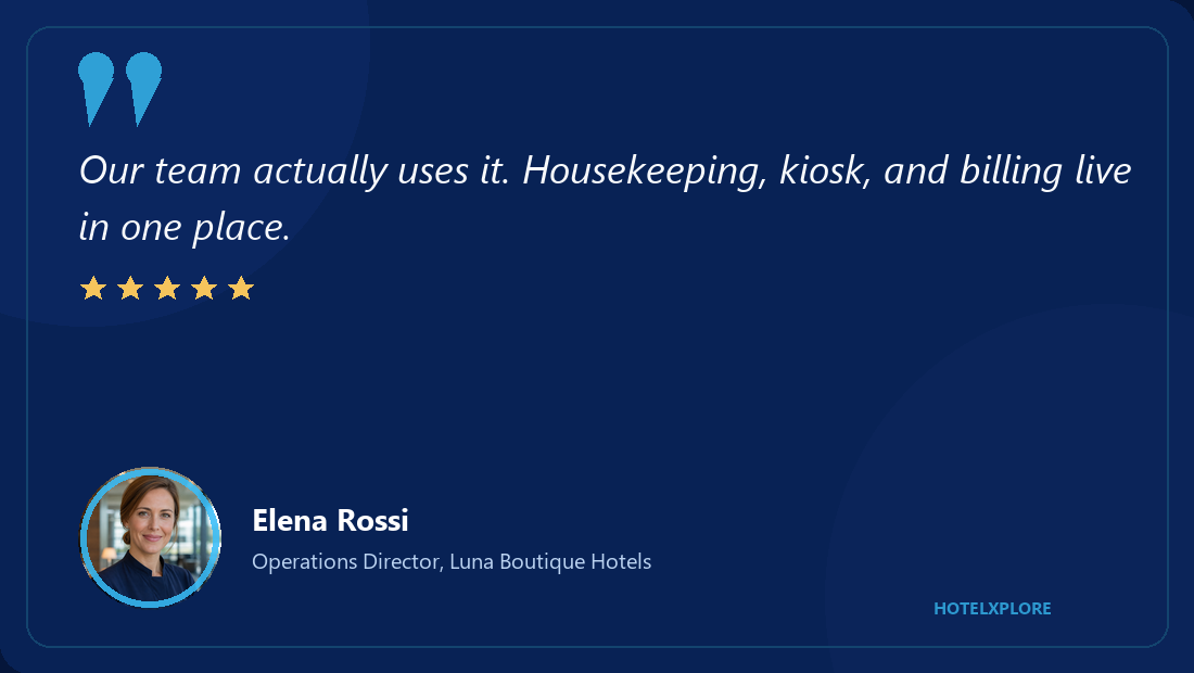 Testimonial from Elena Rossi, Operations Director at Luna Boutique Hotels